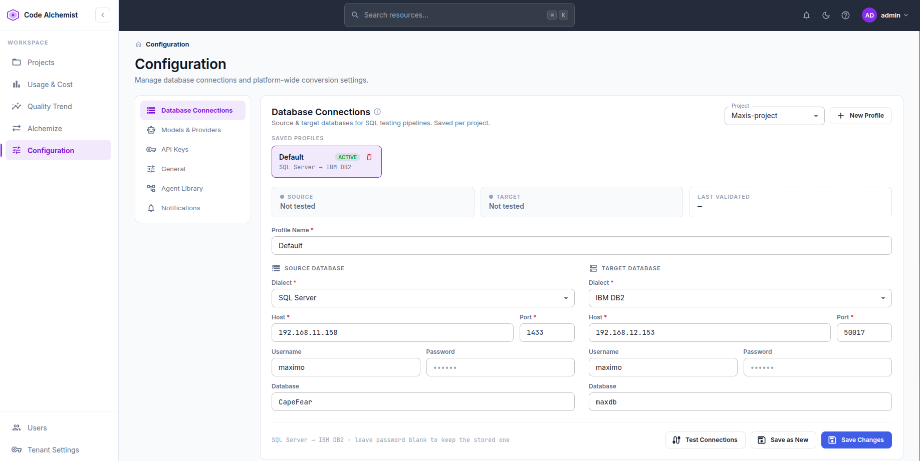 Connect source & target databases screenshot