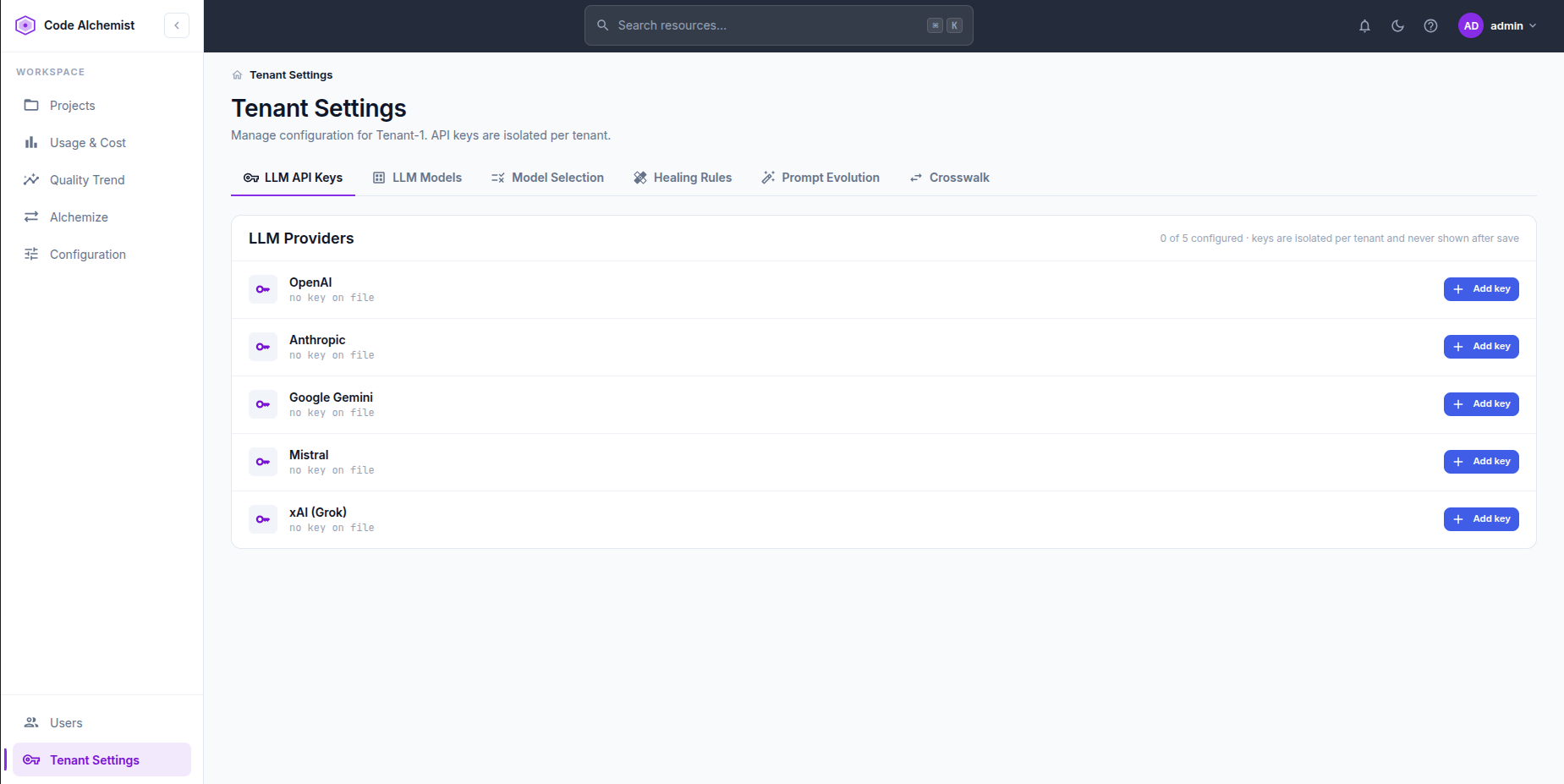 Bring your own LLM keys screenshot